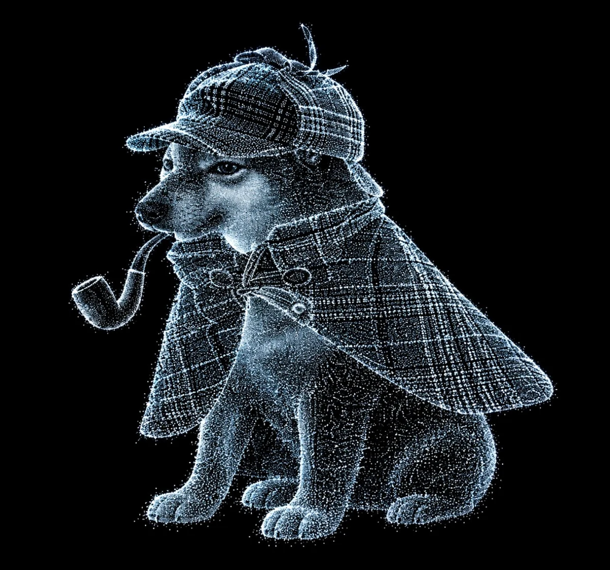 Glowing detective dog wearing a deerstalker hat and holding a pipe